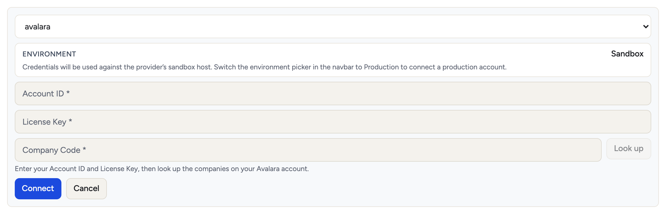 The Connect dialog, showing the resolved AvaTax environment as read-only text