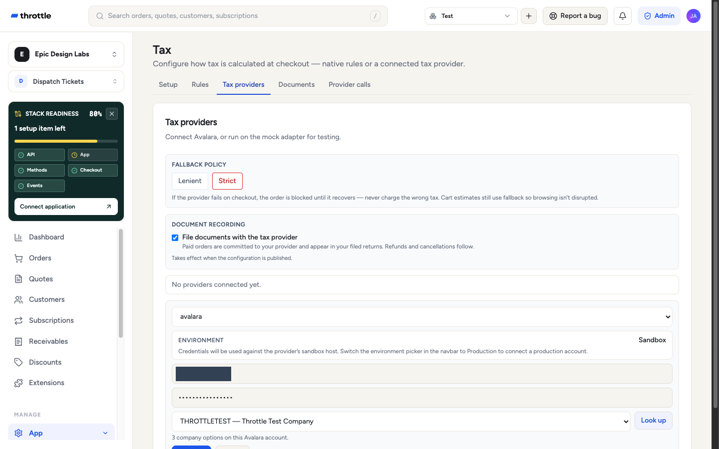 The company field after Look up: a picker listing the companies on the AvaTax account, with a count below it