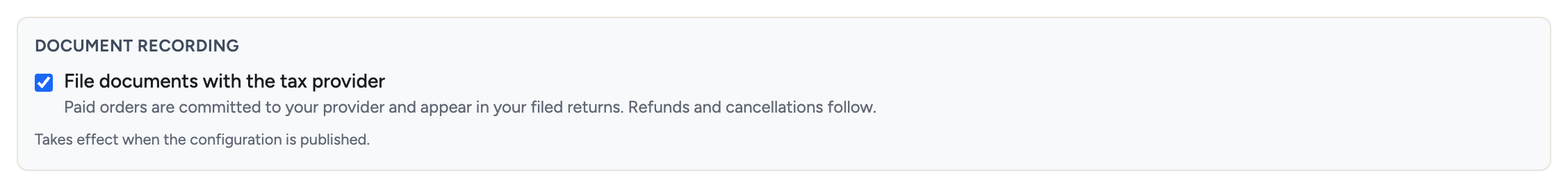 The Document recording toggle on the Tax providers page