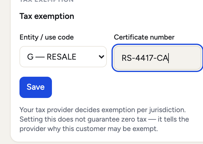 The Tax exemption card on a customer, with the AvaTax entity/use code list