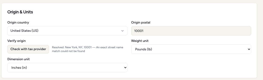 Verify origin on App → Tax → Setup, showing the address AvaTax resolved